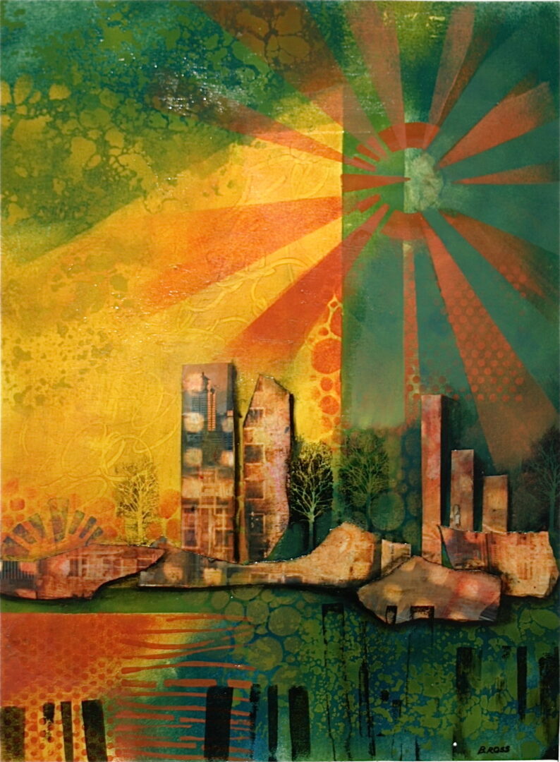 bright sun rays artwork with city in greens and yellows