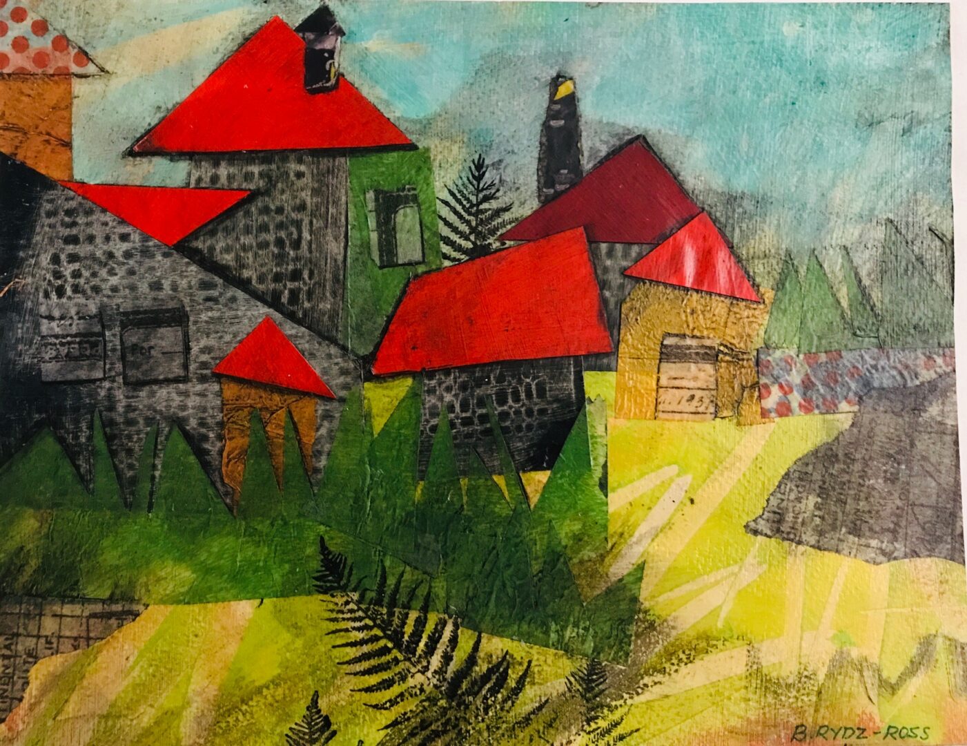 Mixed media artwork houses with red roofs